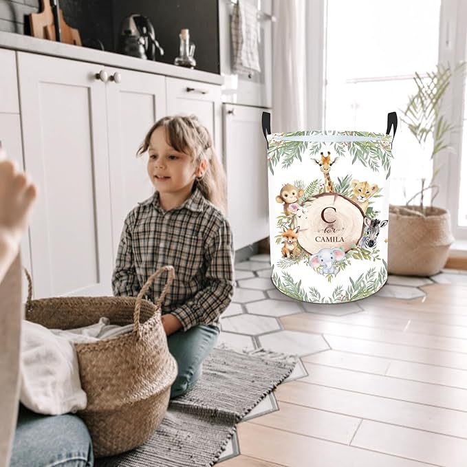 Personalized Baby Name Hamper with Name, Custom Laundry Baskets for Toddler Adults, Customize Woodland Animals Baby Boys Laundry Hamper Storage Organizer 2 Sizes for Nursery