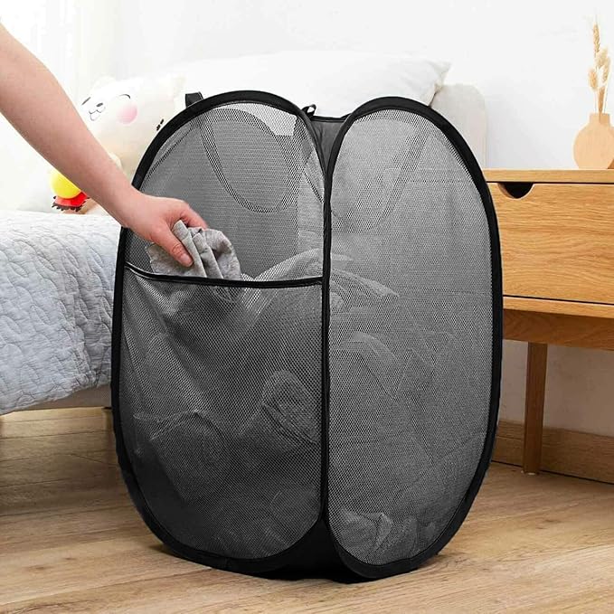 Mesh Pop up Laundry Hamper with Portable, Durable Handles, Collapsible Laundry Basket for Storage, Folding Pop-Up Clothes Hampers for Home, College Dorm or Travel, Cruise, Black