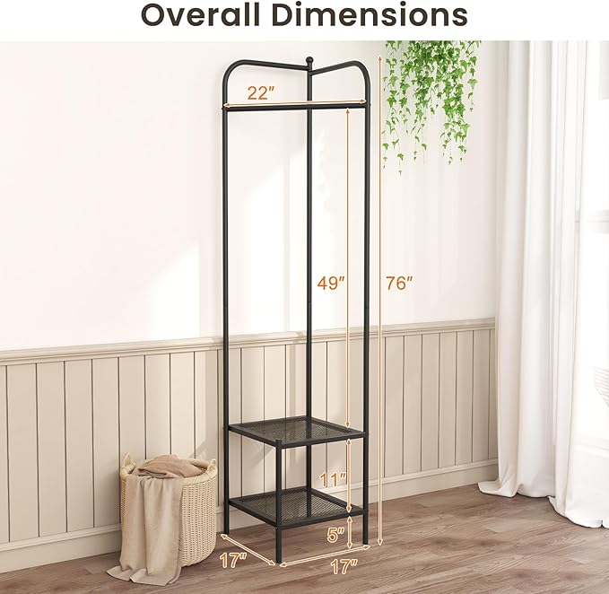 Tangkula Corner Coat Rack with Storage, Simple Hall Tree with Hanging Rod & 2 Mesh Shelves, Anti-toppling Devices, Freestanding Metal Clothes Rack Shoes Shelf Organizer for Entryway Bedroom (Black)