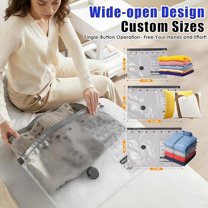 12 Pack Travel Vacuum Storage Bags with Rechargeable Wireless & Hand Pump, Portable Space Saver Bags for Travel & Home, Vacuum Compression Packing Seal for Clothes, Blankets, Seasonal Storage