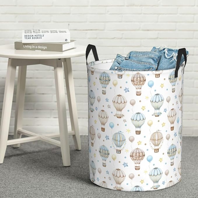 Watercolor Hot Air Balloon Round Laundry Hamper Storage Basket Toys Clothes Organizer Bin For Home Bathroom Bedroom Dorm Nursery, 38l