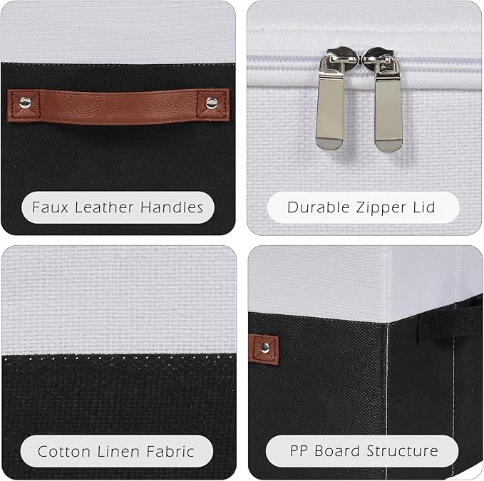 Storage Boxes with Zipper Lid Cotton Linen Fabric Lidded Storage Bins Baskets Foldable Washable Closet Shelf Clothes Organizer Container Faux Leather Handles (Black White, Small)