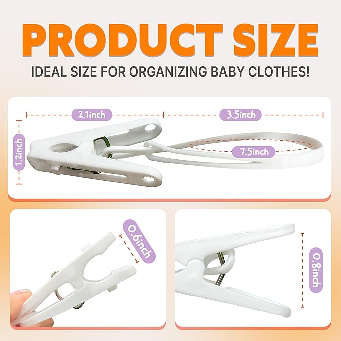 HASHI Baby Clothes & Pants Clips, Non-Slip Hanger Clips with Strong Grip, Space-Saving Organizer for Baby & Toddler Laundry, Closet, Socks, Stroller, Travel & Drying Rack (60, Standard)
