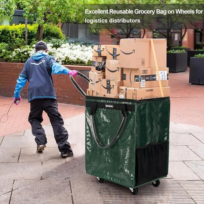 (Medium,Green) Reusable Grocery Bag on Wheels, Foldable Rolling Tote, Carries Up to 66 lbs Shopping Trolley, Zipper Clouser Shopping Carts for Trips, Laundry, 4 Heavy Duty Wheels and 3 Handles