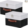 2 Pack Storage Boxes with Zipper Lid Cotton Linen Fabric Lidded Storage Bins Baskets Foldable Washable Closet Shelf Clothes Organizer Container Faux Leather Handles (Black White, Small)