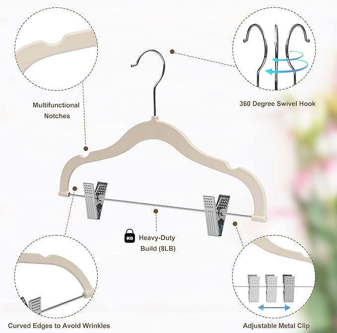100 Quality Kids Plastic Non Velvet Non-Flocked Thin Compact Skirt Pant Coat Hangers with Metal Clips for Skirts Pants Blouses 360° Swivel Hook, Jacket, Shirt, Pants, Suit Hangers (Ivory, 100)