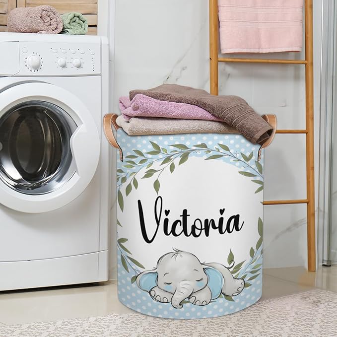 Personalized Laundry Basket, Custom Gift Laundry Hamper, Collapsible Nursery Waterproof Laundry Baskets, Dirty Clothes Toy Hamper with Handles Greenery Wreath Blue Elephant