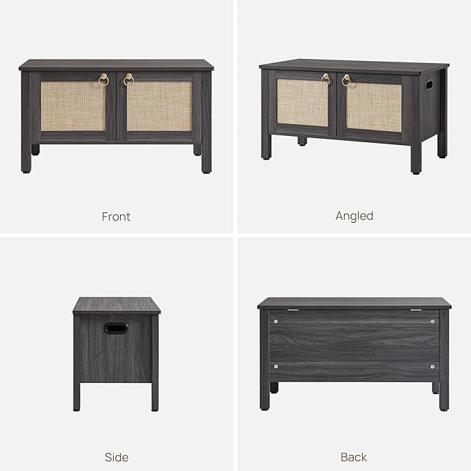 SICOTAS Rattan Shoe Bench - 2 Pieces Farmhouse Shoe Organizer Bench with Lift Top Storage and Hidden Cabinet, Boho Shoe Rack Cabinet for Entryway, Hallway, Bedroom (Obsidian)