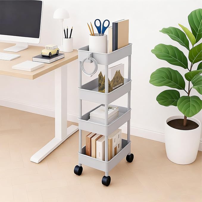 ShellKingdom 4 Tier Bathroom Storage Organizer, Slim Rolling Storage Cart for Narrow Space, Mobile Shelving Unit with Lockable Wheels and Hooks for Bathroom, Kitchen, Laundry Movable Shelf (Grey)