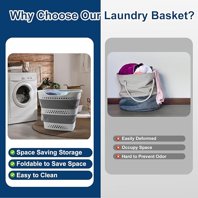 Collapsible Laundry Baskets Foldable Pop Up Laundry Hamper Plastic with Comfort Handles Folding Laundry Basket Space Saving Portable Dirty Clothes Hamper Storage Container/Organizer (Grey, 2 Packs)