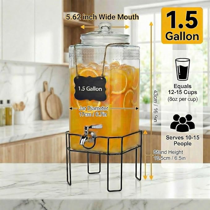 1.5 Gallon Glass Drink Dispenser, Drink Dispensers for Parties, Beverage Dispenser with Stand and Glass Lid, 100% Leakproof Spigot, Ideal for Lemonade, Juice, Iced Tea, Laundry Detergent