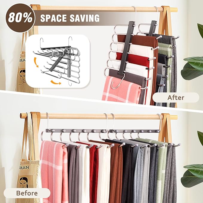 Space Saving 6 Tier Pant Hangers, Anti-Slip, Stainless Steel, 2 Pack, Black