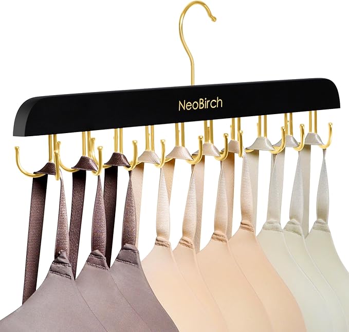 Bra Hanger for Closet Organizers and Storage | Space Saving Wooden Hanger | 20 Steel Hooks for Tank Tops, Camis, Hats, Lingeries, Belts, Ties, Scarfs Holder| 360° Rotating Non-Slip (1, Black)