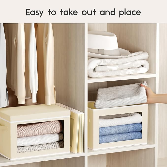 Collapsible Storage Bins with Lids - Stackable Storage Containers with Window, 3 Pack Fabric Organizing Bins for Closet, Home & Office Organization Baskets, Beige, 14.9" x 9.8" x 9.8"