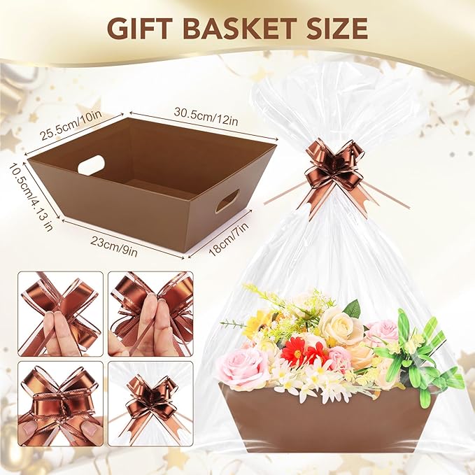 6PACK Baskets for Gifts Empty, 10x12”Thick Brown Gift Basket with Handles 6 Bows 6 Bags Empty Gift Baskets for Christmas Thanksgiving Wedding Birthday Party Wrapping Gift