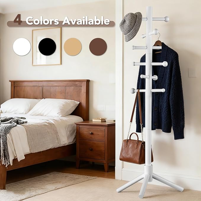 Wooden Coat Rack Freestanding with 12 Hooks 3 Adjustable Heights，Standing Coat Rack Tree for Hat and Coat Rack for Small Spaces Entryway,Office,Bedroom,White
