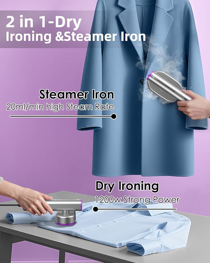ELORTI Travel Steamer for Clothes, Handheld & Portable 2-in-1 Design, 10s Rapid Heat, 1200W Rotating Head, Compact Size 110–120V for Travel, Home (Pruple)