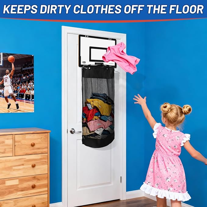 Over the Door Basketball Laundry Hamper and Basketball Hoop, 2-in-1 Wooden Sports Laundry/Clothes Basket with Hoop and a Bottom Zipper for Kids Teen Bedrooms, Dorm Rooms, Bathroom