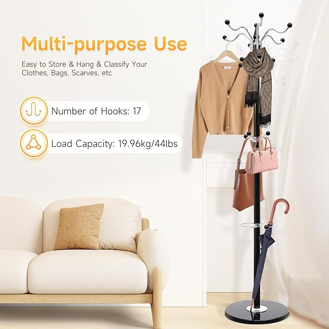 Coat Rack Freestanding, Modern Coat Rack with Natural Marble Base, Metal Freestanding Coat Rack with 16 Hooks, Entry-way Coat Racks Stand, Standing Coat Tree Rack (Black)