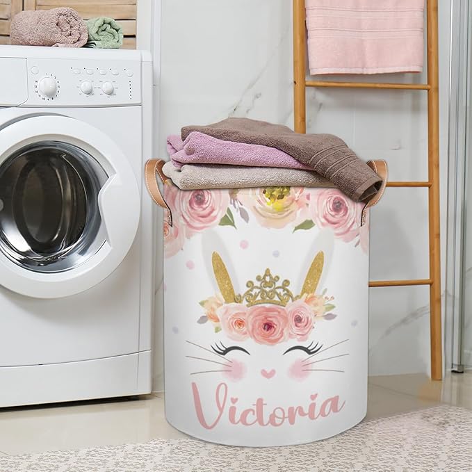 Personalized Laundry Basket, Custom Gift Laundry Hamper, Collapsible Nursery Waterproof Laundry Baskets, Dirty Clothes Toy Hamper with Handles Pink Floral Cute Bunny