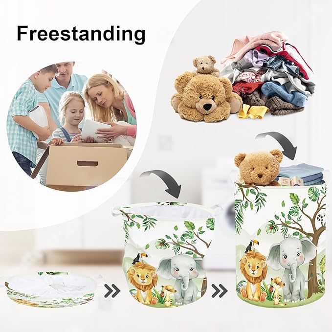 Forest Animals Laundry Hamper Woodland Tree Large Storage Basket Parents Organizer Kids Clothes Toy Bins for Bedroom, Bathroom, Elephant, 63L