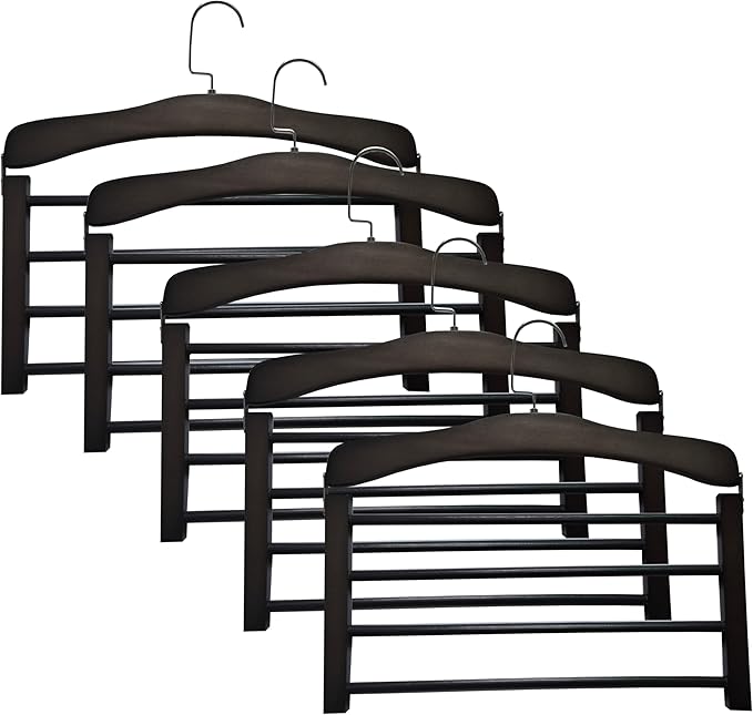 Wooden Pant Hanger Space Saving - 4 Tier Closet Storage Hanger Organizer for Jeans Legging Scarves Pants Towels, 5 Packs, Black