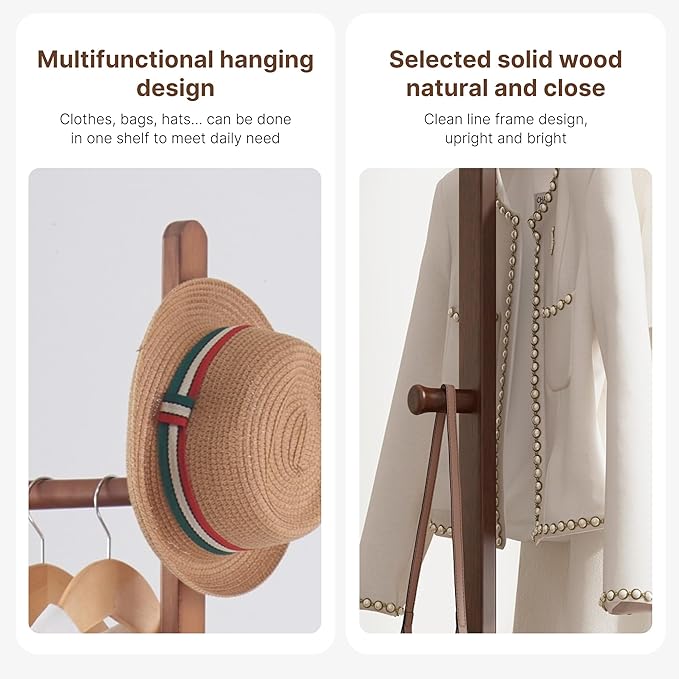 CHANCEE Solid Wood Coat Rack, Freestanding Clothes Rack with Shoe Storage, Heavy-Duty Hall Tree with 5 Hooks, Corner Coat & Hat Stand for Bedroom, Entryway, Living Room, Hotel