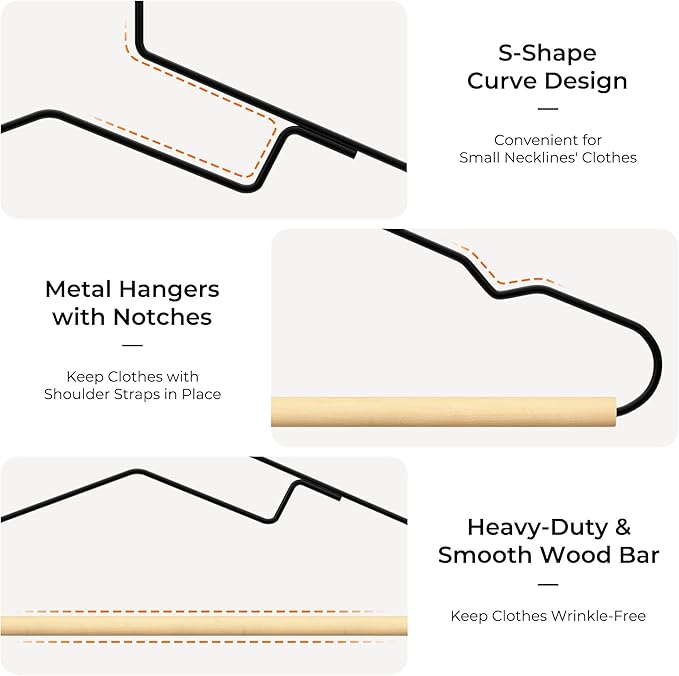 StorageWorks Wire Hangers with Wooden Bar, Heavy Duty Metal Hanger for Pants, Coats, Shirts, Jackets and Suits, 20 Pack