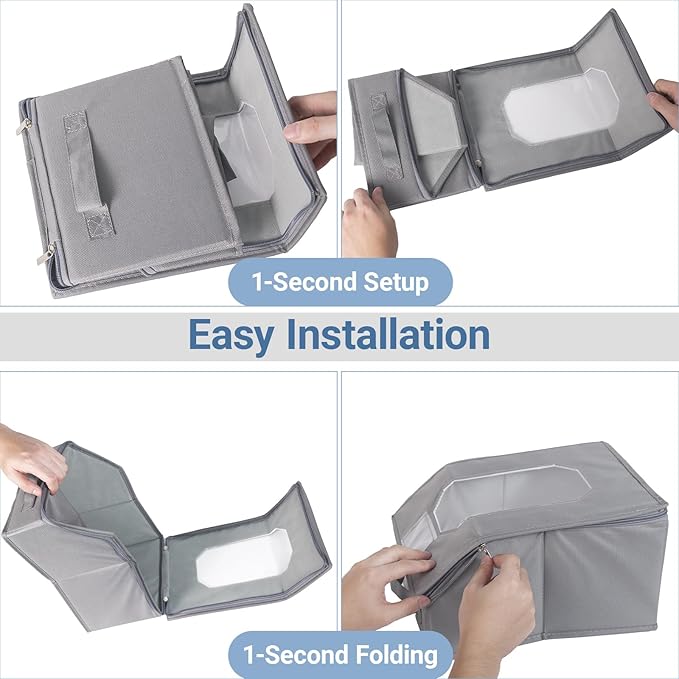 2 Pcs Stackable Baseball Cap Organizer, Washable Foldable Odorless Oxford Cloth with Smooth Durable Metal Zipper, Clear Window Holds 24 Caps, Hat Box for Closet/Home (Grey, Large 15.8×8.7×6.7 inches)