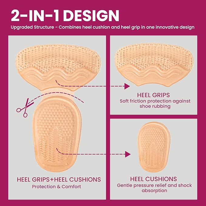 Heel Grips for Women Shoes - Bukihome Heel Pads for Shoes That are Too Big, Non-Slip, Reduce Friction T-Shape Design Shoe Cushions for High Heels, Sandals, Pumps, Flats, Boots (4 Pcs, Beige)