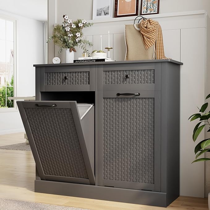 Double Tilt Out Laundry Hamper Cabinet, Rattan-Style Laundry Room Organization with Removable Laundry Basket, Hidden Wood Dirty Clothes Hamper with Drawers, 39" L x 13" W x 35.8" H, Gray