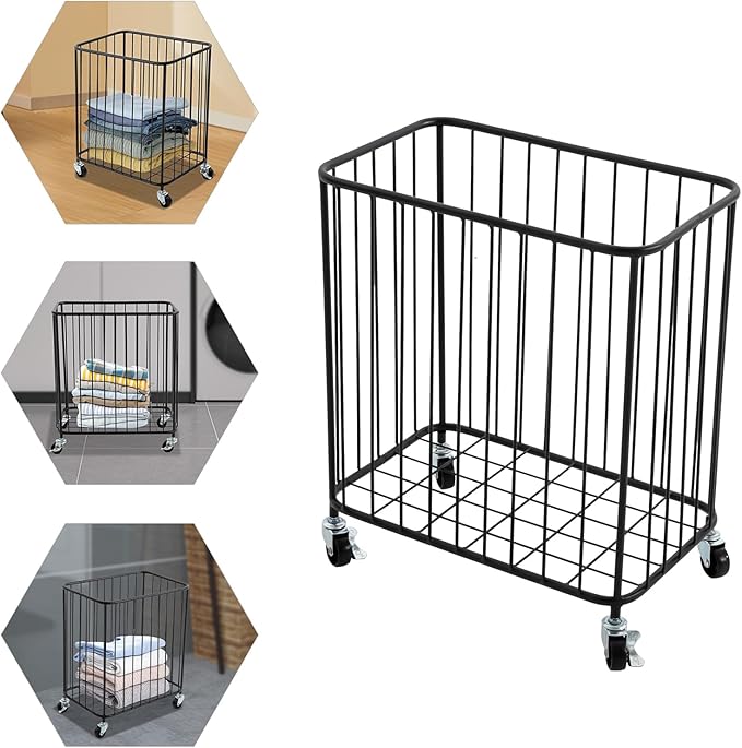 Rolling Laundry Hamper, Large-size Metal Laundry Basket Cart w/Wheels, Wheeled Clothing Hamper for Home, Hotel, Mall, Bathroom, Bedroom and Commercial Laundries (Black)