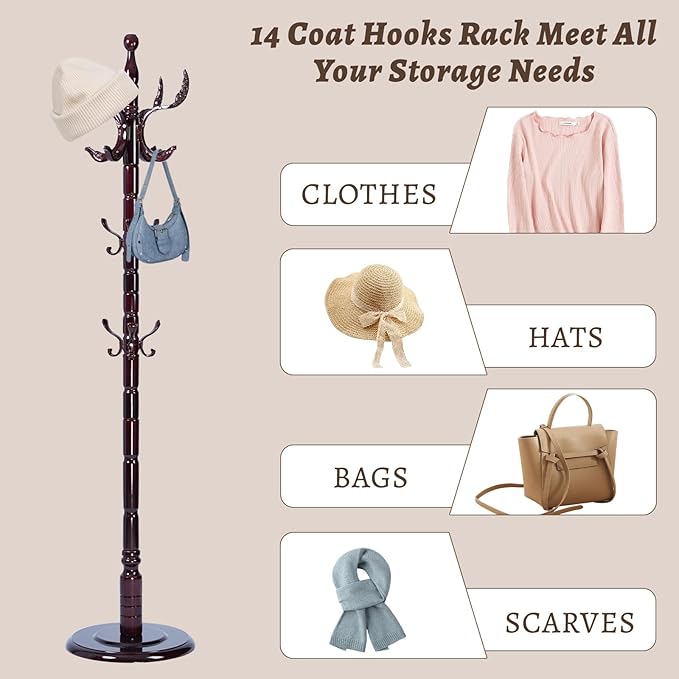 Wooden Coat Rack Freestanding with Resin Hooks, Adjustable Heavy Duty Stand for Hanging Coats, Bags, Hats, and Umbrellas in Living Room, Bedroom, Entryway (Rosewood-Phoenix Hook)