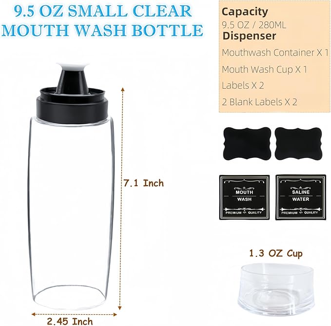 1 Pack Glass Mouthwash Dispenser, Leakproof Mouth Wash Container Bottle with Cup Lid, 9.5 OZ Refillable Clear Mouthwash Dispensers Decanter for Bathroom Farmhouse Decor/6 Pcs Label