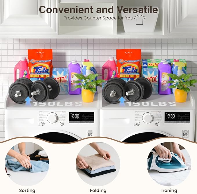 Washer Dryer Countertop Set of 2, 54.34" L x 27.56" W x 2.76" H Laundry Topper for Washer and Dryer, Wood Laundry Countertop with Anti-Slip Pads & Edge Rails for Laundry Room Organization (White)