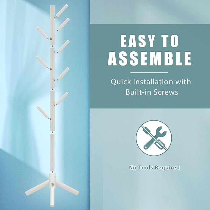 Haddockway Wooden Coat Rack Stand with 8 Hooks New Zealand Pine 3 Adjustable Coat Standing Tree Easy Assembly for Coats, Hats, Scarves and Handbags for Entryway, Hallway, Bedroom, Office, white