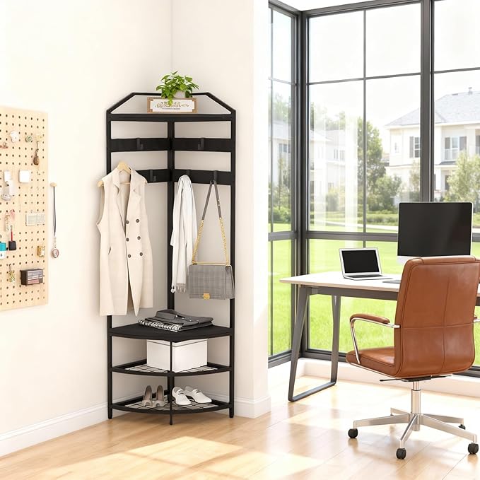 Garvee Corner Coat Rack with Storage, Simple Hall Tree with Mesh Shelves, Anti-Toppling Devices, Freestanding Metal Clothes Rack Shoes Shelf Organizer for Entryway Bedroom Black