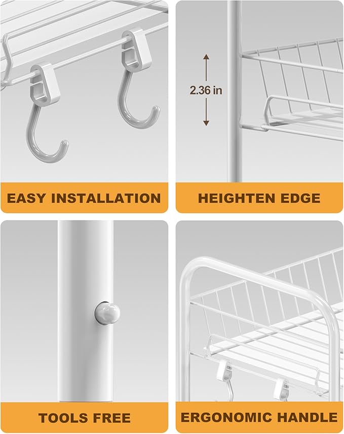 Mythinglogic 4 Tier Rolling Cart with 360° Wheels, Snack Cart, Removable Wire Baskets, Metal Utility Storage Rack for Kitchen, Bathroom, Laundry Room, Office (White)