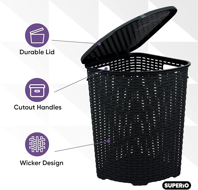 Plastic Corner Laundry Hamper with Lid, Curved Designed Laundry Basket, 2 Pack Triangle Black Cloths Hamper Organizer with Cut-out Handles for Laundry Room Bedroom Bathroom, Wicker Design, 50 Liter