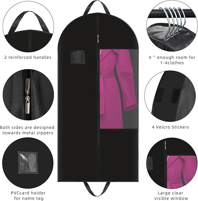 Garment Bags for Hanging Clothes and Travel with 4" Gusseted, Suit Cover for Clothes,Coats,Suit,Jackets,Dress,Shirts,Skirt. (Black-50"-3pcs-Double zipper-Thickened 80G Non-woven Fabric)