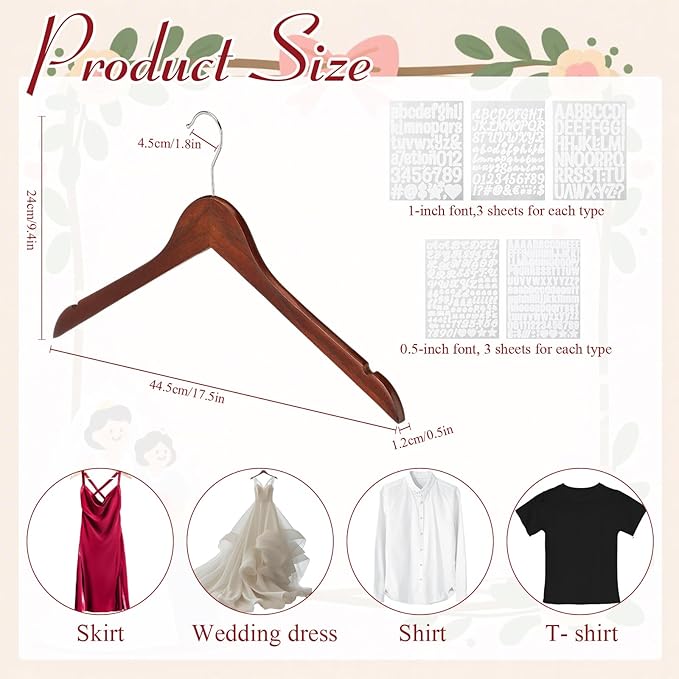 Personalized Bride Hanger for Wedding Dress, Wooden Bridesmaid Hangers 10 Pack and 15 Pcs Letter Stickers for Tuxedo Suit Wedding Gift Bridal Party Shower DIY Special Names Dates(Retro)