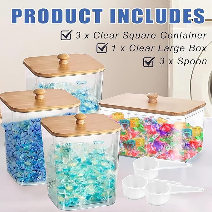 4 Pack Laundry Pods Container, Clear Laundry Room Organization Storage Containers with Wooden Lids & Scoops, Large Laundry Detergent Powder Containers for Powder Dryer Balls