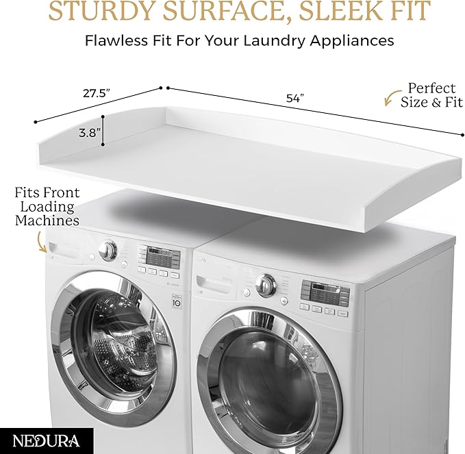 Nedura Washer Dryer Countertop for Washing Machine w/Anti-Vibration Pads &Curved Edge Rails, Premium Bamboo Laundry Countertop, Washer Dryer Topper, Laundry Room Organization, Laundry Accessory-White