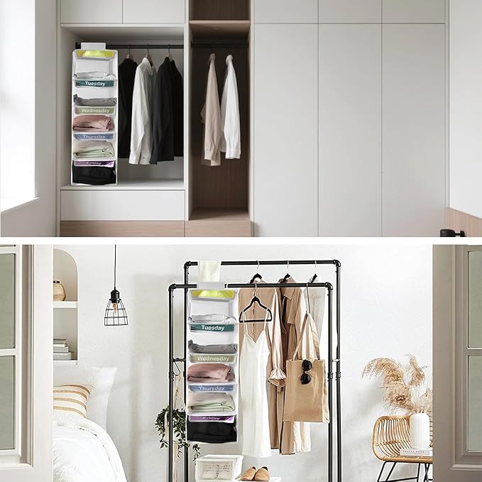 5-Shelf Weekly Clothes Organizer for Kids, Collapsible Hanging Closet Shelves, Baby Closet Organizers and Storage with 6 Side Pockets, Daily Clothing Divider for Boys and Girls (White)