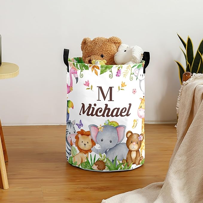 Large Custom Name Laundry Hamper, Woodland Personalized Dirty Clothes Hamper Storage Basket with Name for Bathroom Bedrooms, Customized Name Circular Hamper with Handles for Baby Boys Girls Men Women