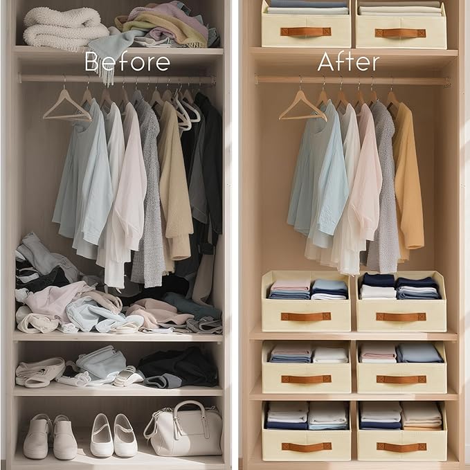 Fabric Storage Bins for Organizing - 8 Pack Large Trapezoid Collapsible Storage Bins with Front Handle, Closet Organizers and Storage for Bedroom, Home Shelves, Small Spaces, Beige