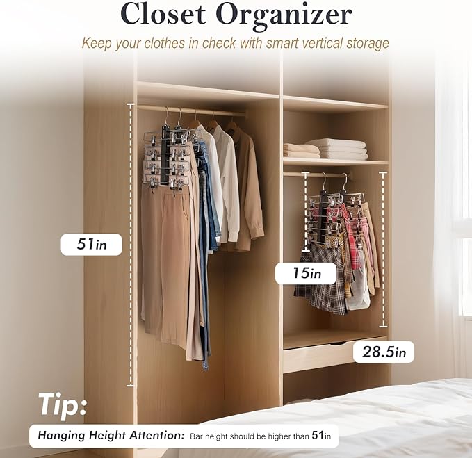 HOUSE DAY Skirt Hangers Space Saving 2 Pack, Double Row 4-Tier Non-Slip Hangers with Clips for Skirts, Shorts, and Pants - Lotus Wood Clip Hanger for Women - Closet Organizers and Storage (Black)