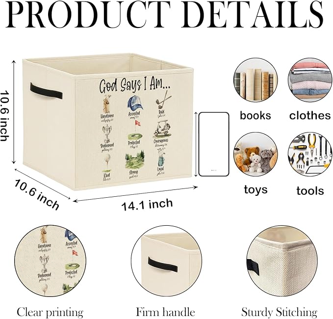 Christian Golf Storage Bin Box with Handles, God Says I Am Bible Verse Golf Foldable Baskets Organizer for Kids Room Nursery Bedroom Bathroom Clothes Toys Books, Toybox for Boys