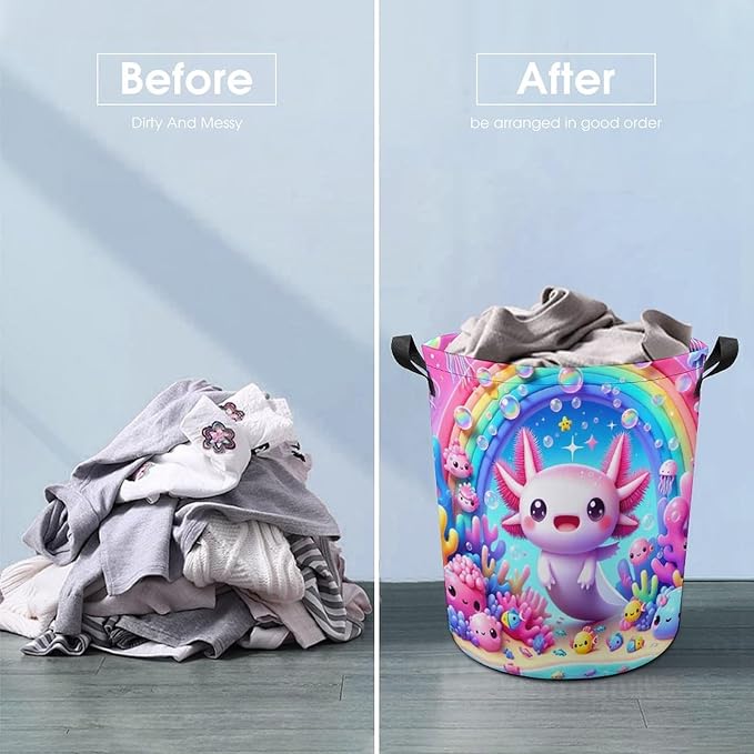 Cute Axolotl Rainbow Laundry Hamper Underwater Coral Hampers for Laundry Dirty Clothes Basket Organizer Room Decor