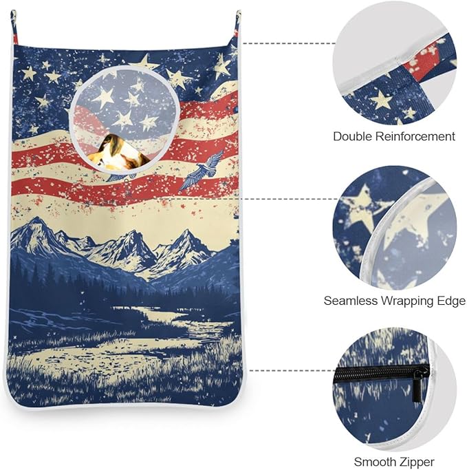 July 4th Flags Mountains Blue Door Hanging Laundry Hamper Bag with Free Adjustable Stainless Steel Hooks Dirty Clothes Hamper Extra Large Over the Door Laundry Hamper 29.5X20inch 2Pack